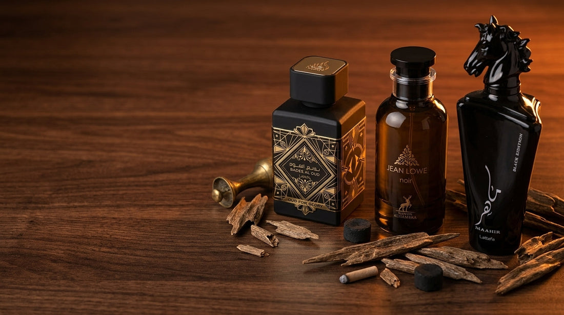Three luxury Arabic oud perfumes arranged on dark wood with agarwood chips and warm amber lighting