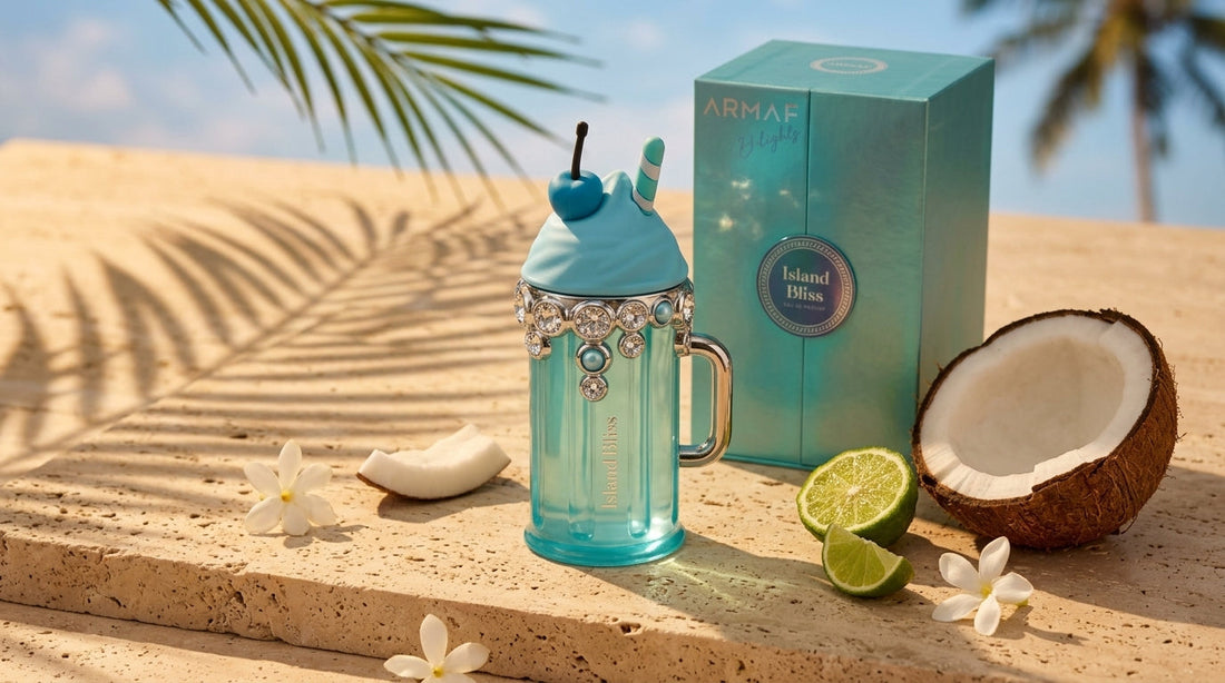 Armaf Island Bliss Eau de Parfum 100ml bottle on travertine stone with palm leaf shadows