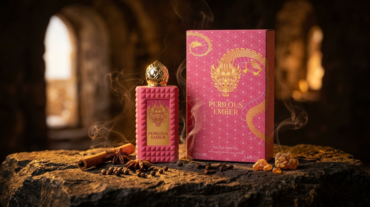 Perilous Ember Eau de Parfum 90ml bottle on dark basalt stone with warm amber lighting