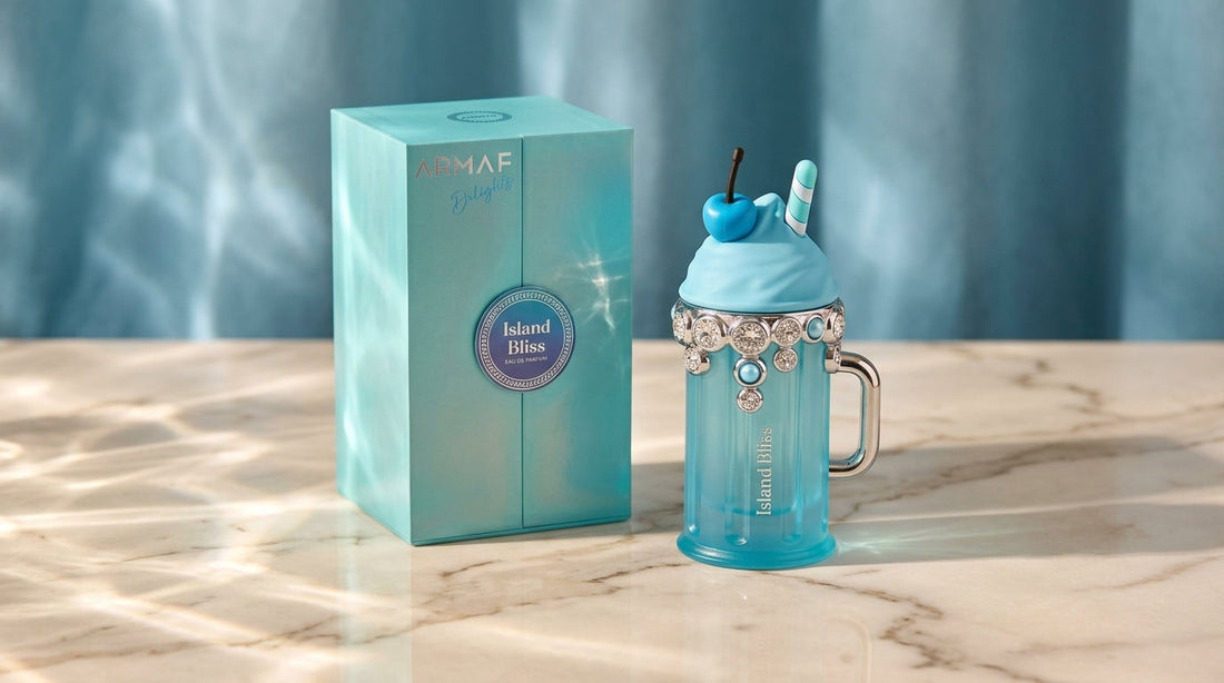 Armaf Island Bliss Eau de Parfum 100ml bottle on marble with ocean-blue backdrop