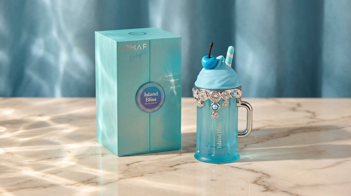 Armaf Island Bliss Eau de Parfum 100ml bottle on marble with ocean-blue backdrop