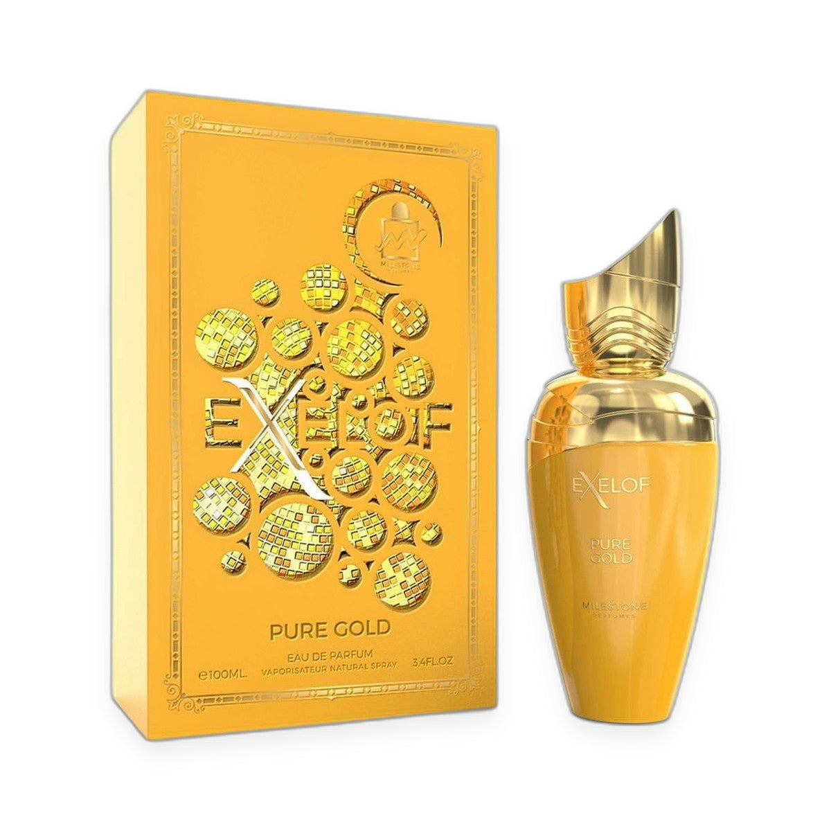 Exelof Pure Gold Eau de Parfum 85ml on white background