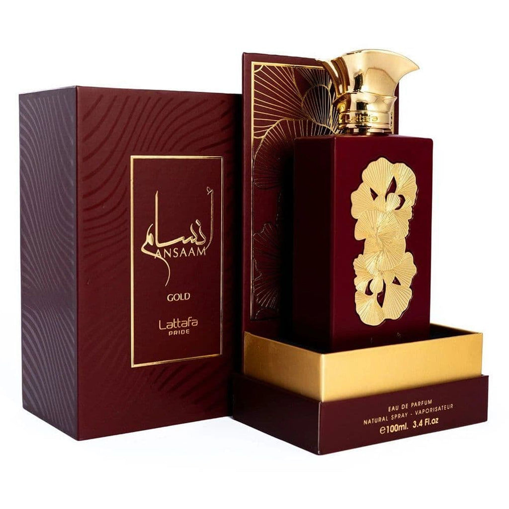 Lattafa Ansaam Gold perfume bottle and box