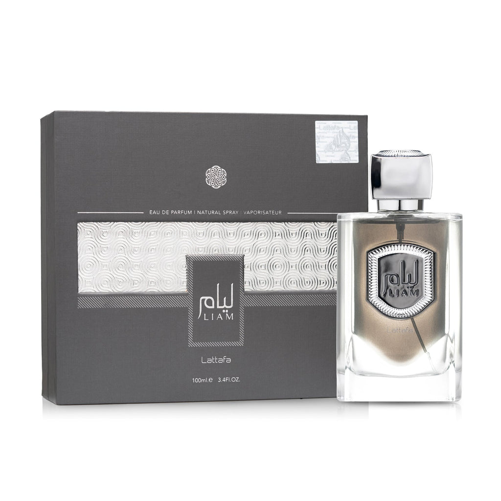 Lattafa Liam Grey perfume bottle and box