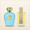 Two perfume bottles side by side: a turquoise rounded bottle with gold cap labeled Opulent Dubai by Lattafa on the left