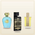 Three perfume bottles: light blue Opulent Dubai with gold cap on left, black Bade'e Al Oud with gold geometric design in cent