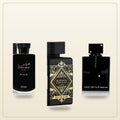 Three black perfume bottles: Hawas Black on the left, Bade'e Al Oud in the center, Club de Nuit Intense Man on the right, dis